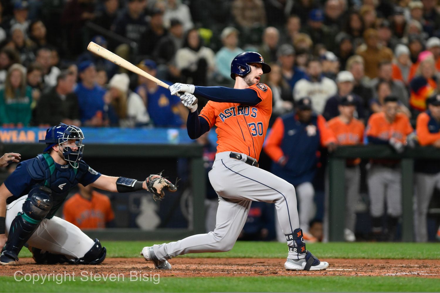 Sep 27, 2023; Seattle, Washington, USA; Houston Astros right fielder Kyle Tucker (30) hits an RBI double against the Seattle Mariners during the seventh inning at T-Mobile Park. Mandatory Credit: Steven Bisig-USA TODAY Sports  